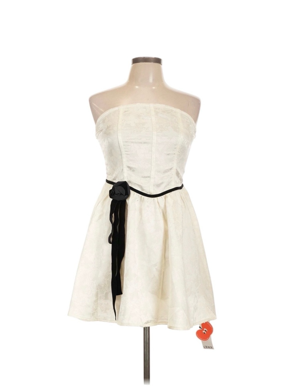 Cider Ivory Strapless Floral Jacquard Dress with Black Trim